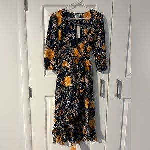 Midi floral wrap dress, new with tags, navy blue